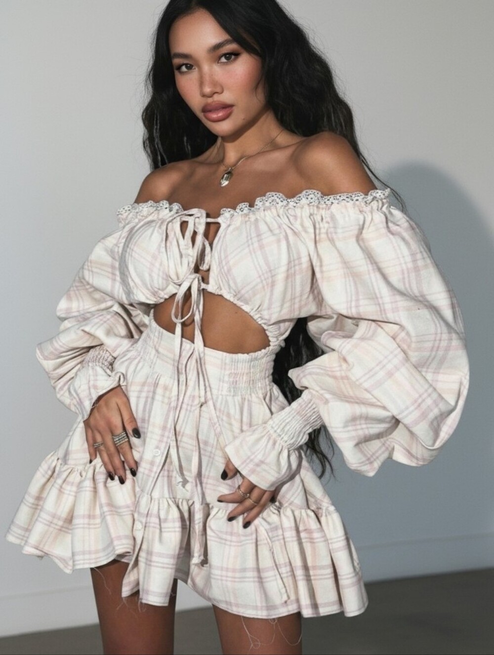 NEW XL Stretch Off-Shoulder Distressed Plaid Cutout Mini Dress